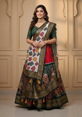 Red Printed Silk Lehenga Set