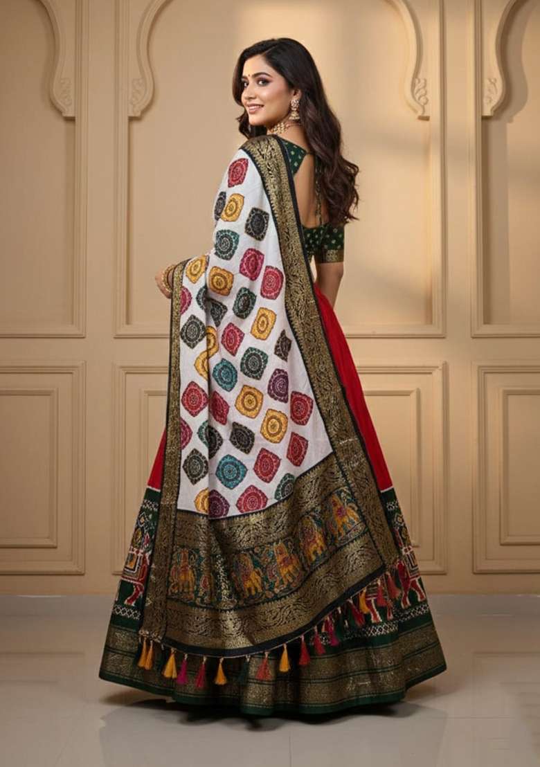 Red Silk Lehenga Set with Printed for Diwali | Wedding & Festive Wear - Indya