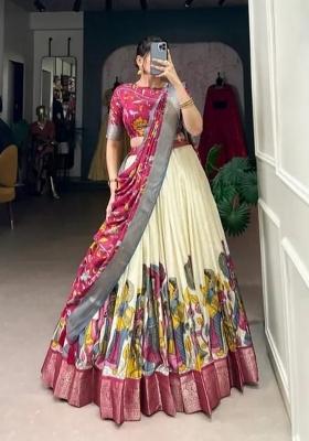 Cream Printed Silk Lehenga Set