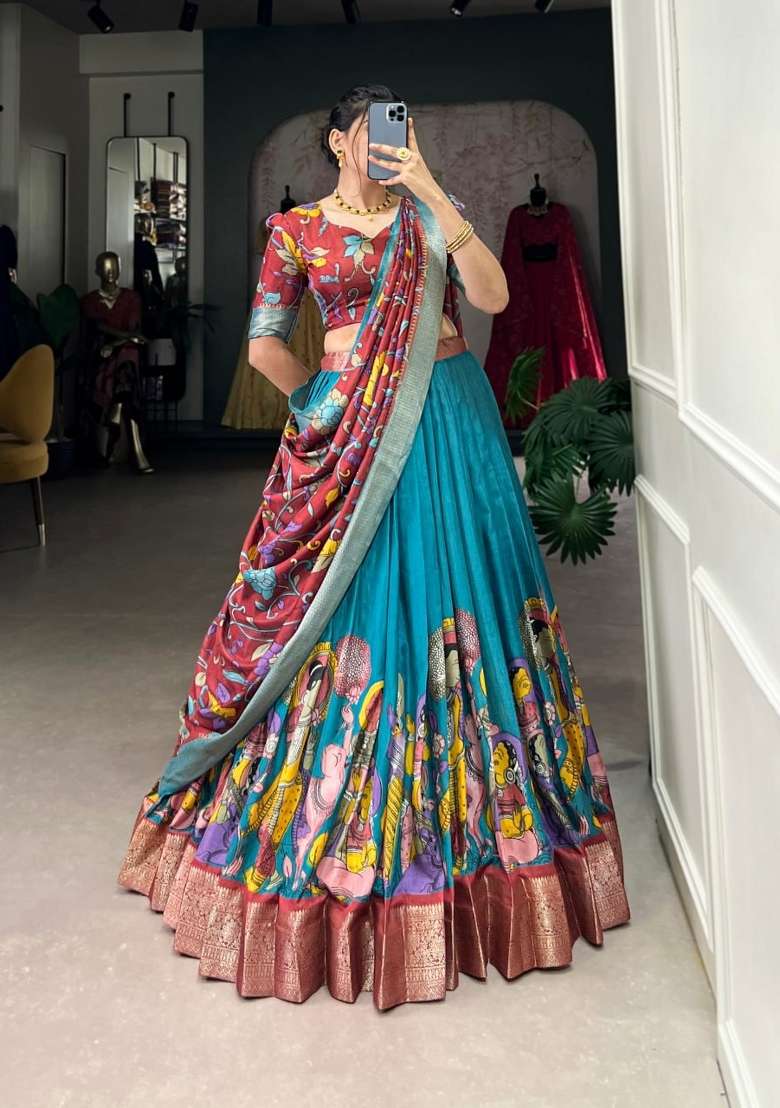 Firozi Silk Lehenga Set with Printed for Diwali | Wedding & Festive Wear - Indya
