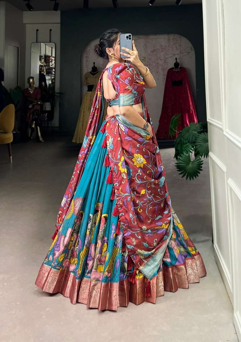 Firozi Silk Lehenga Set with Printed for Diwali | Wedding & Festive Wear - Indya