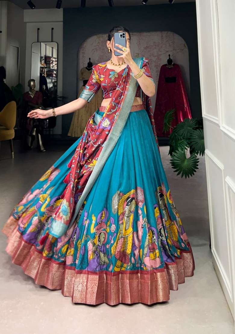 Firozi Silk Lehenga Set with Printed for Diwali | Wedding & Festive Wear - Indya