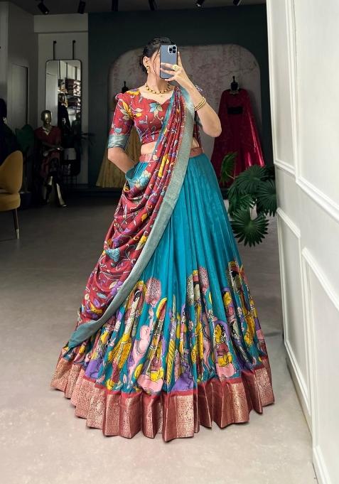 Firozi Printed Silk Lehenga Set