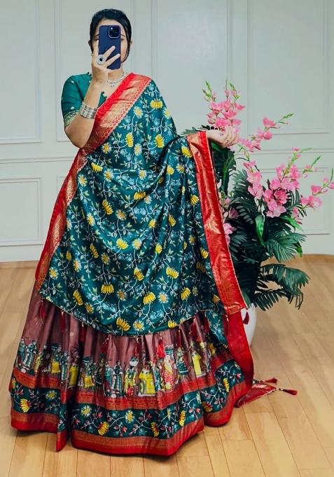 Brown Printed Silk Lehenga Set