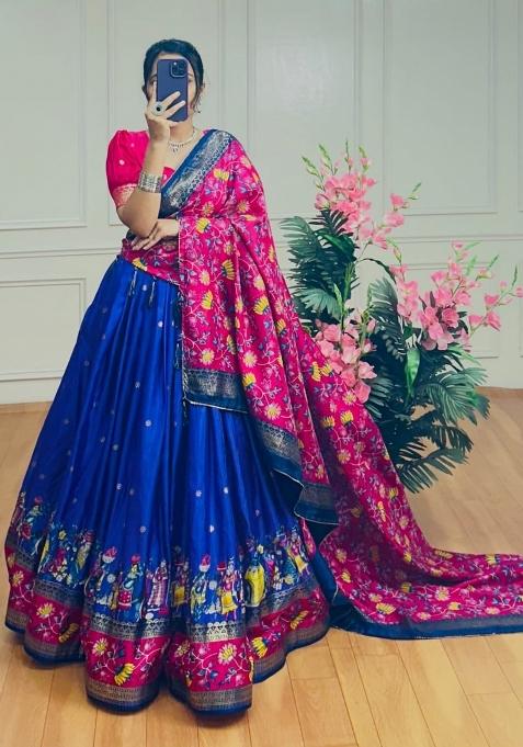Royal Blue Printed Silk Lehenga Set