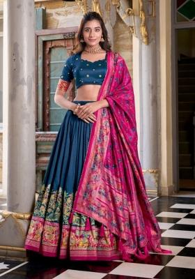 Blue Printed Silk Lehenga Set