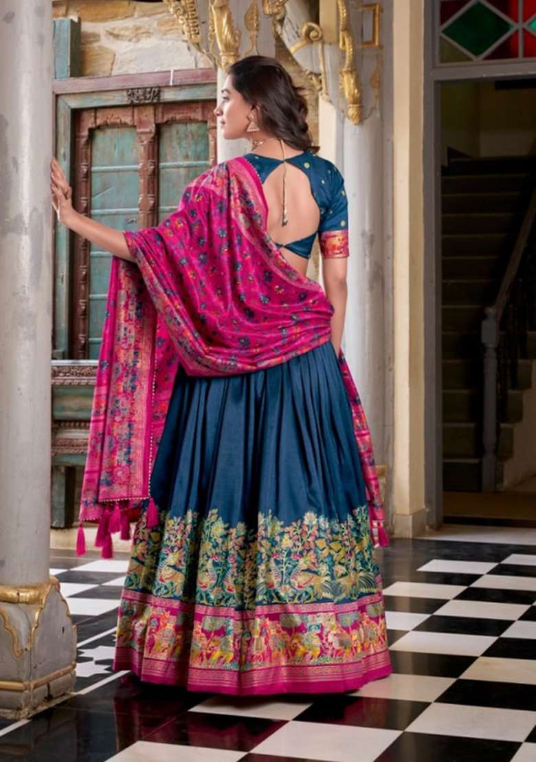 Blue Printed Silk Lehenga Set - Indya