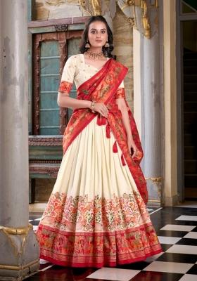 Cream Printed Silk Lehenga Set
