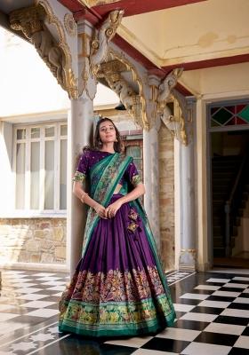Purple Printed Silk Lehenga Set