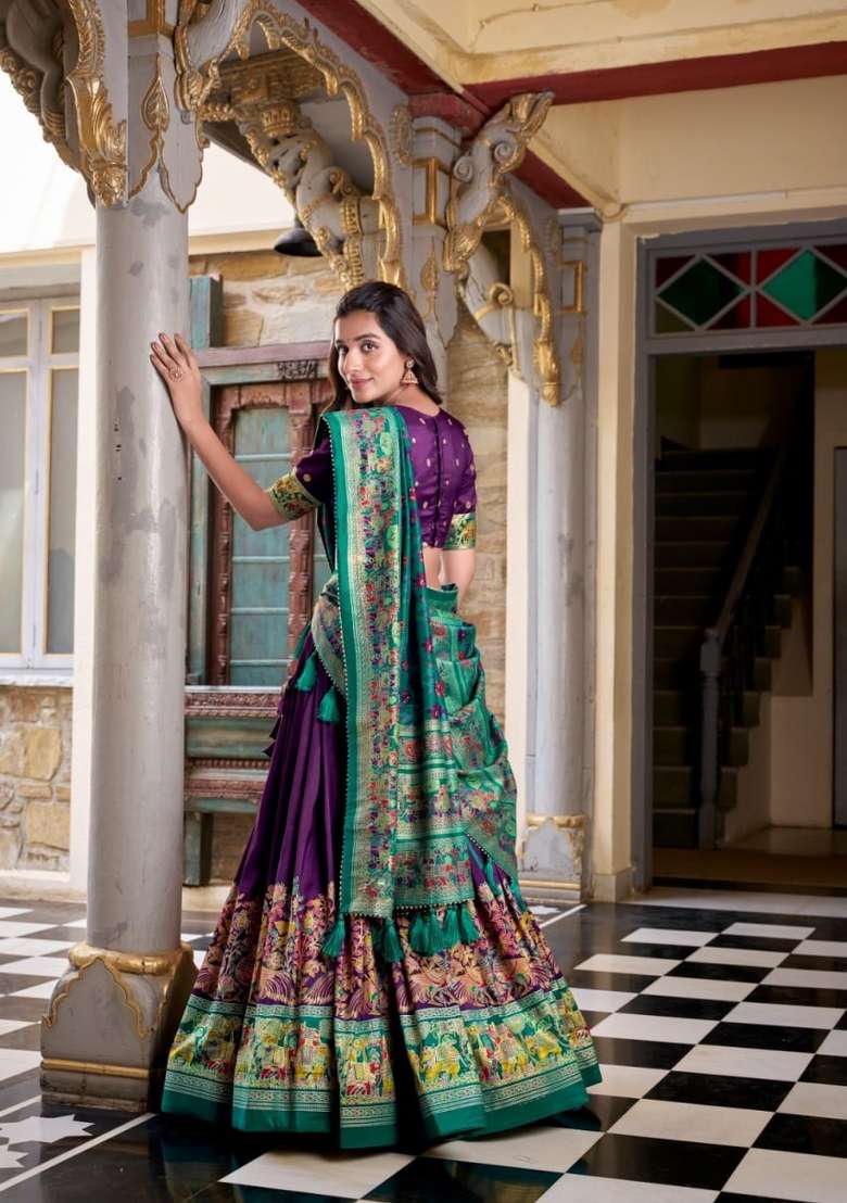 Purple Printed Silk Lehenga Set for Diwali and Festive Wear - Indya