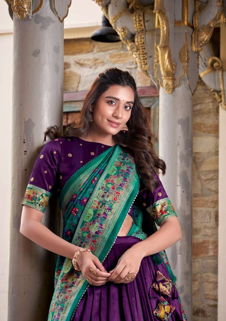 Purple Printed Silk Lehenga Set for Diwali and Festive Wear - Indya