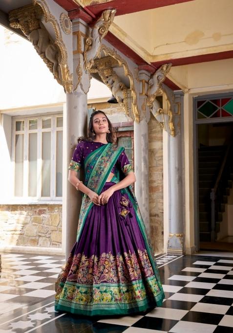 Purple Printed Silk Lehenga Set