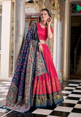 Rani Pink Printed Silk Lehenga Set