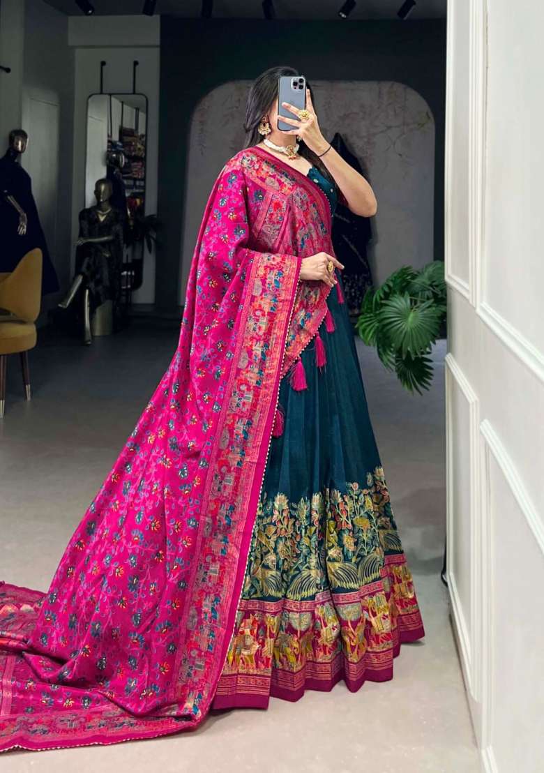 Blue Printed Silk Lehenga Set - Indya