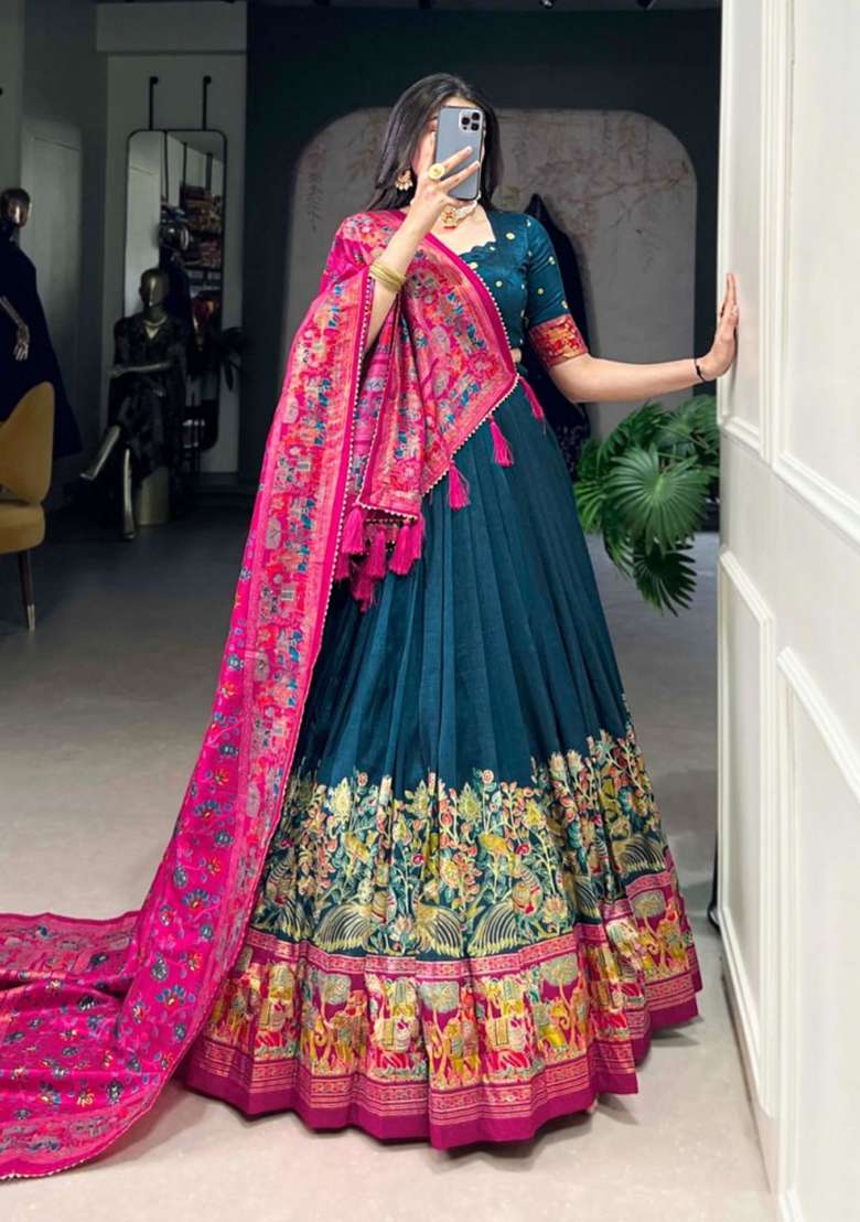 Blue Printed Silk Lehenga Set - Indya