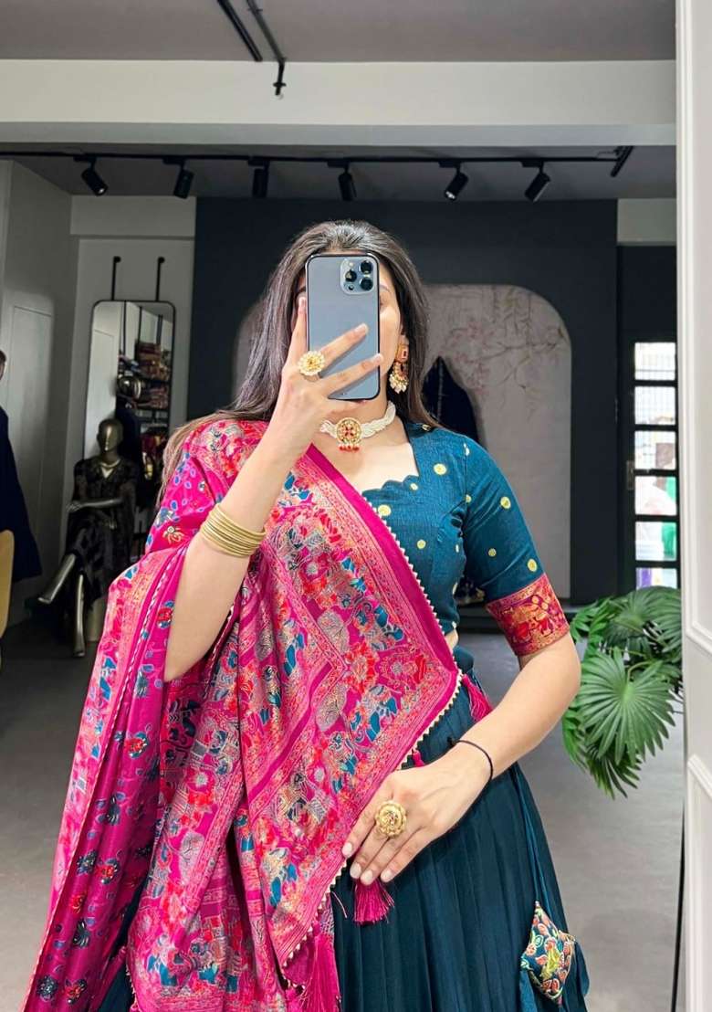 Blue Printed Silk Lehenga Set - Indya