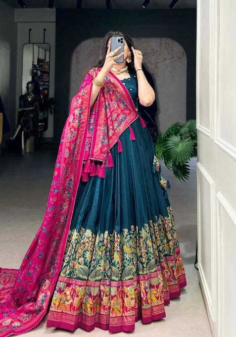 Blue Printed Silk Lehenga Set