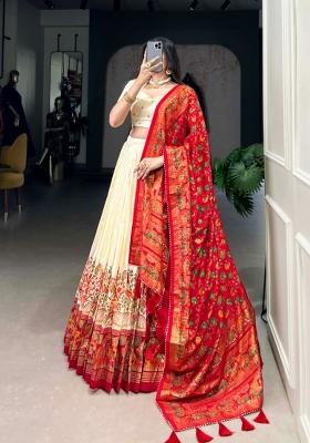 Cream Printed Silk Lehenga Set