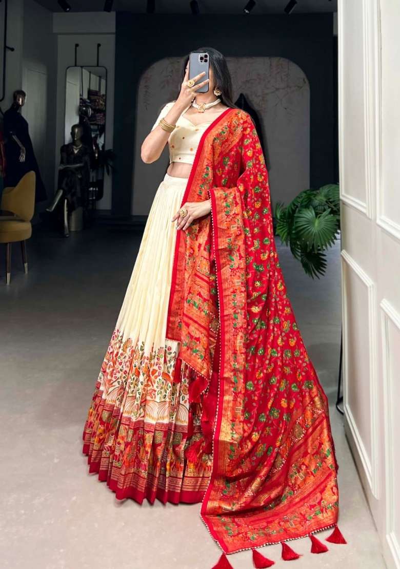 Cream Printed Silk Lehenga Set for Diwali and Festive Wear - Indya