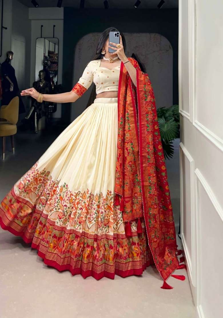 Cream Printed Silk Lehenga Set for Diwali and Festive Wear - Indya