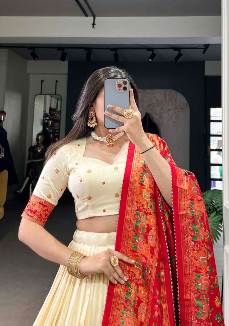 Cream Printed Silk Lehenga Set for Diwali and Festive Wear - Indya