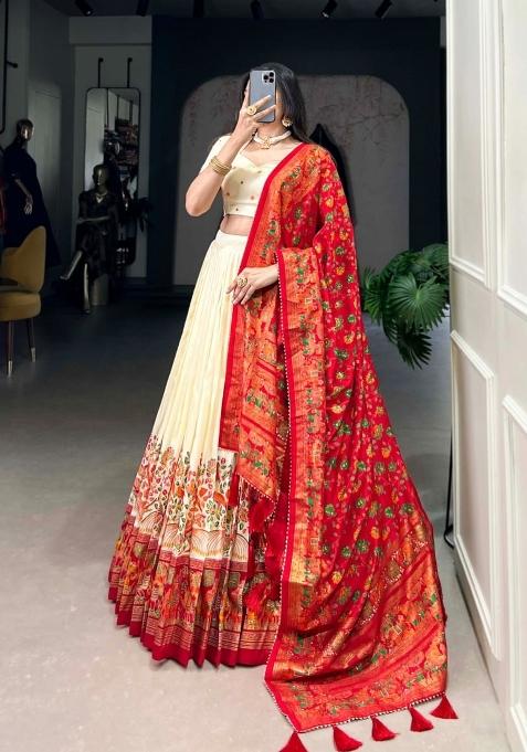 Cream Printed Silk Lehenga Set