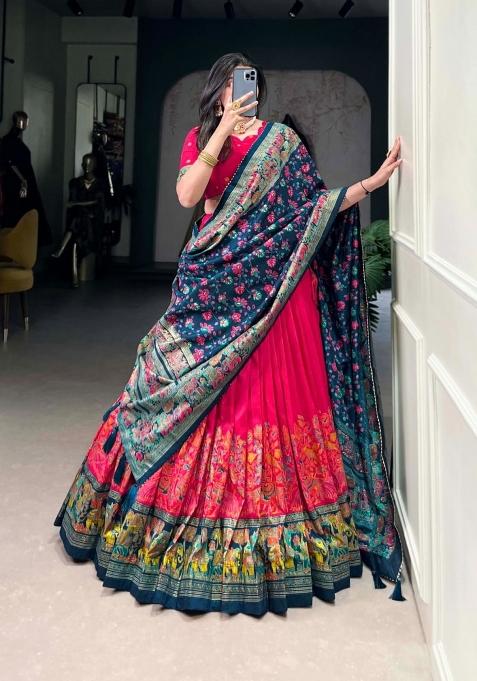 Pink Printed Silk Lehenga Set