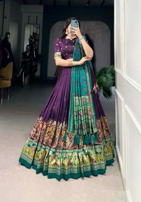 Wine Printed Silk Lehenga Set