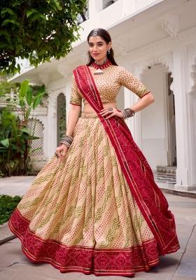 Beige Printed Silk Lehenga Set