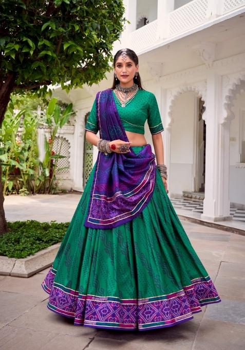 Green Printed Silk Lehenga Set