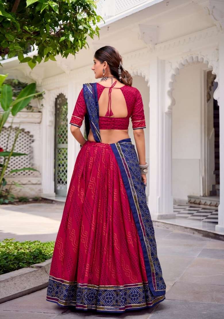 Red Printed Silk Lehenga Set - Indya