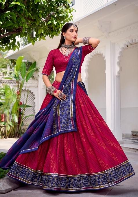 Red Printed Silk Lehenga Set