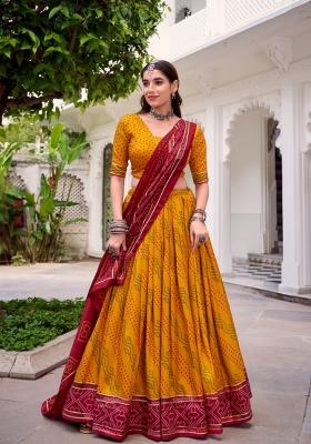 Yellow Printed Silk Lehenga Set