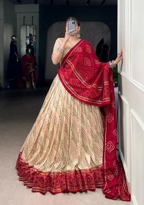 Beige Printed Silk Lehenga Set