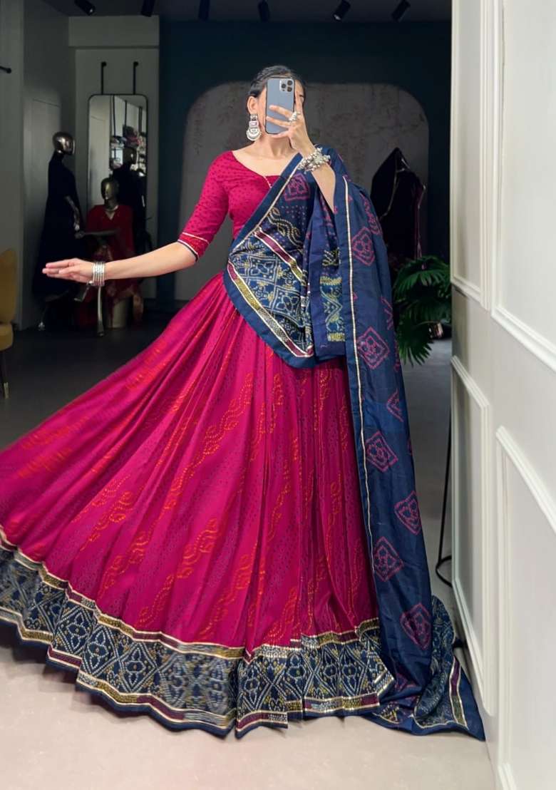Red Printed Silk Lehenga Set - Indya