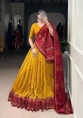 Yellow Printed Silk Lehenga Set