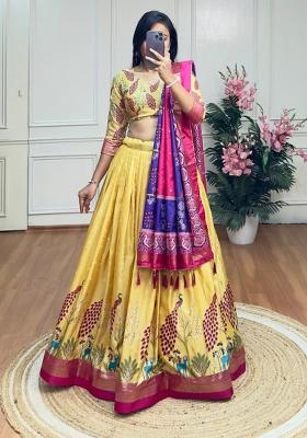 Yellow Printed Silk Lehenga Set
