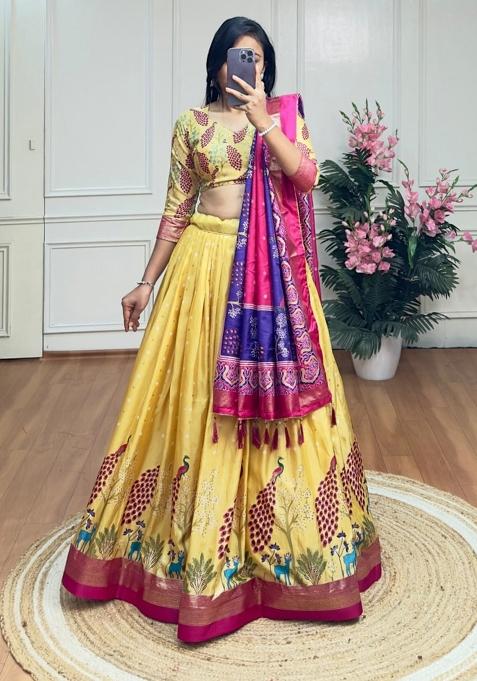 Yellow Printed Silk Lehenga Set