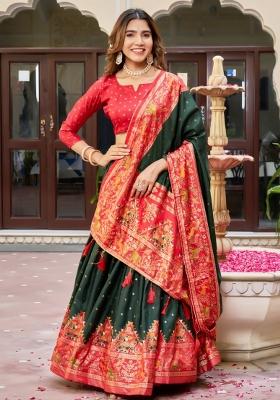 Green Printed Silk Lehenga Set