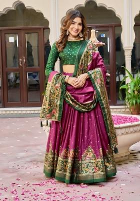 Purple Printed Silk Lehenga Set