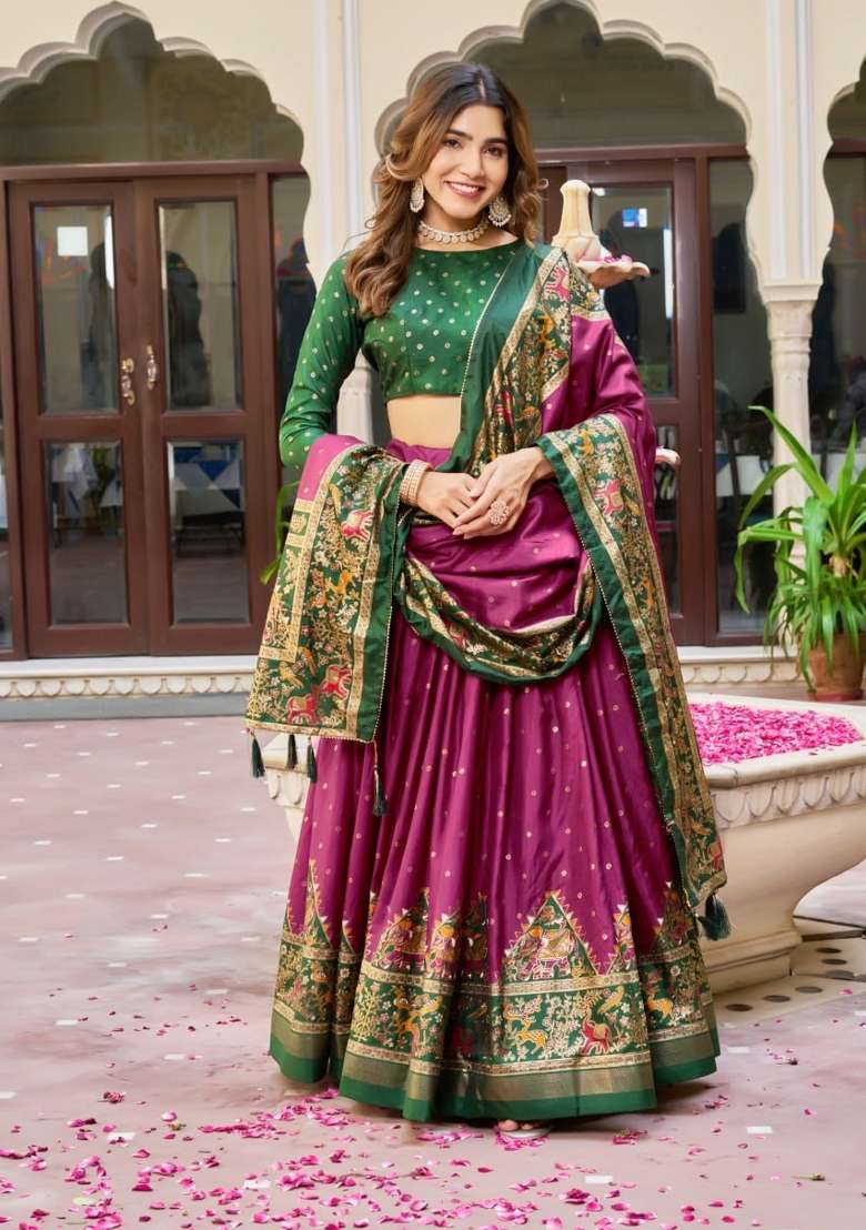 Purple Printed Silk Lehenga Set for Diwali and Festive Wear - Indya