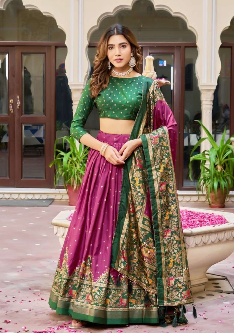 Purple Printed Silk Lehenga Set for Diwali and Festive Wear - Indya