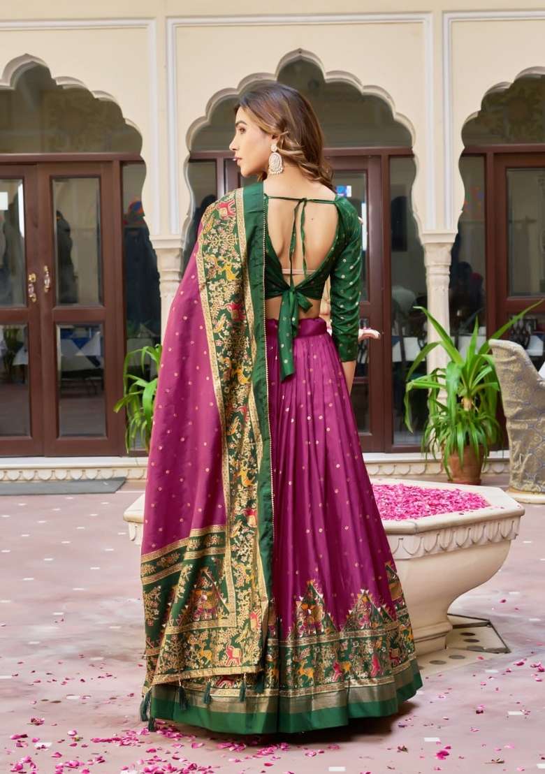 Purple Printed Silk Lehenga Set for Diwali and Festive Wear - Indya