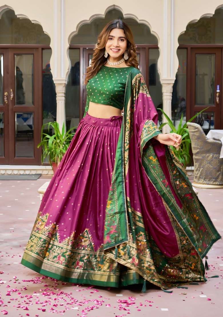 Purple Printed Silk Lehenga Set for Diwali and Festive Wear - Indya