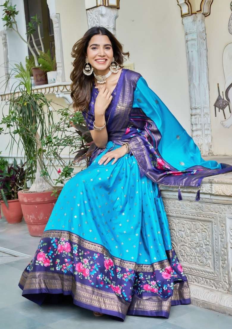 Firozi Printed Silk Lehenga Set for Diwali and Festive Wear - Indya