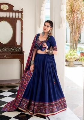 Blue Printed Silk Lehenga Set