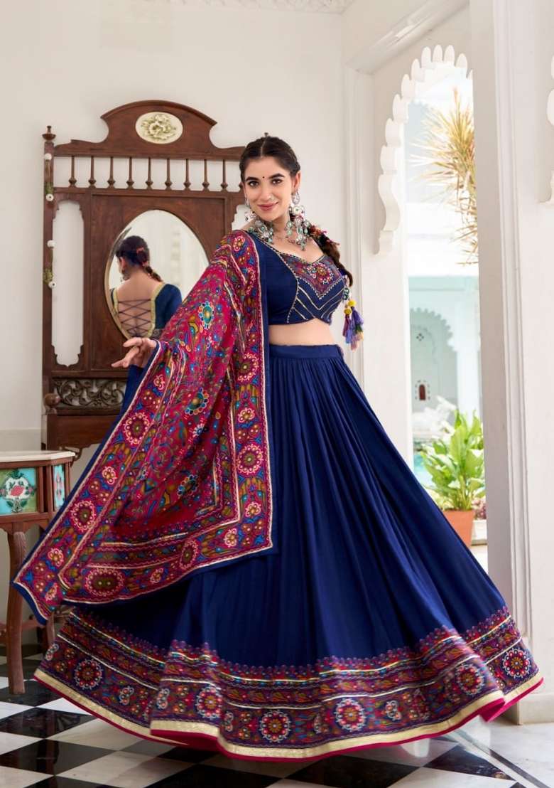 Blue Printed Silk Lehenga Set for Diwali and Festive Wear - Indya