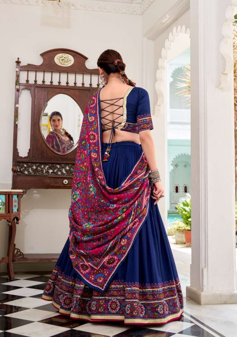 Blue Printed Silk Lehenga Set for Diwali and Festive Wear - Indya