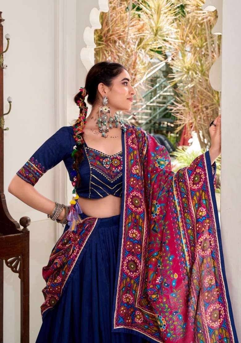 Blue Printed Silk Lehenga Set for Diwali and Festive Wear - Indya
