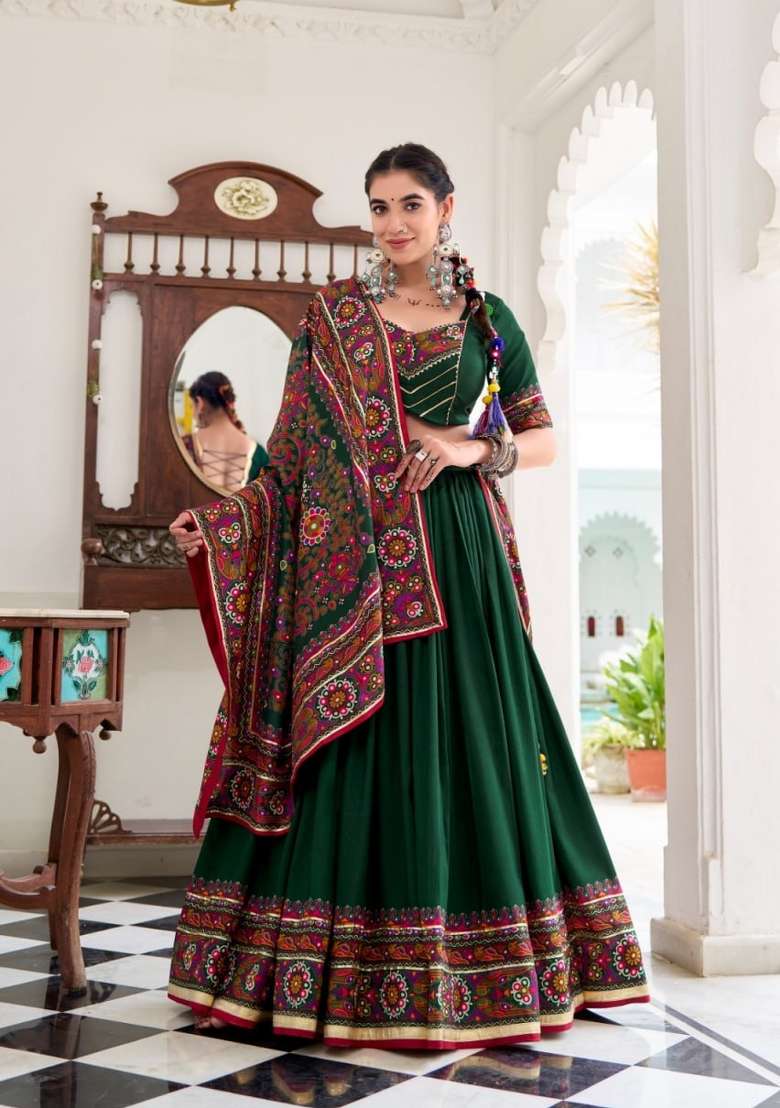Green Silk Lehenga Set with Printed for Diwali | Wedding & Festive Wear - Indya